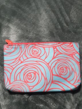 ipsy Blue Cosmetic Pouch with Coral Rose Print